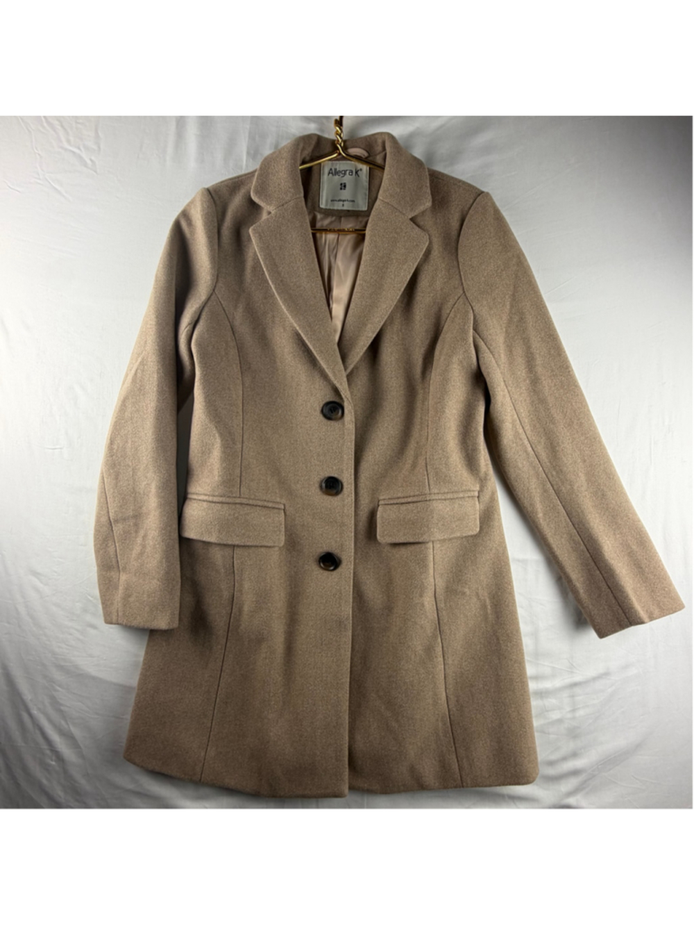Allegra K Tan Faux Wool Single Breasted Overcoat Pea Coat Small Outerwear Winter